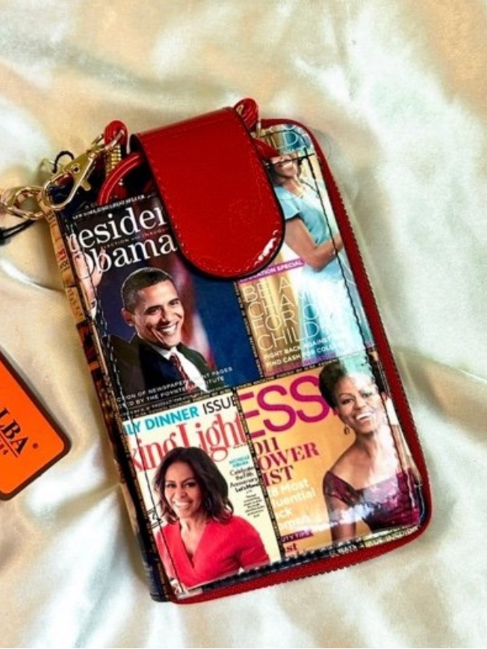 Obama Red Patent faux leather Wristlet Phone Wallet with Magazine Collage